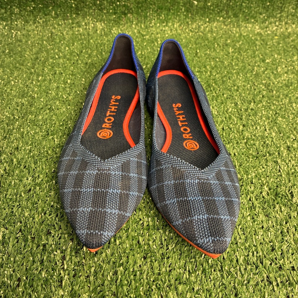 Rothy's The Point Plaid Knit Pointed Toe Flat Washable Flats Blue Orange Women 9
